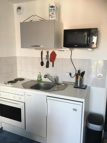 une petite cuisine avec un évier et un micro-ondes dans l'établissement Appartement vue mer, à Villers-sur-Mer