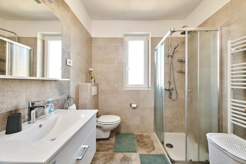 uma casa de banho com um WC com lavatório e um chuveiro em Apartment Ana em Brtonigla