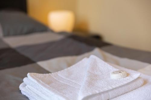 a white towel sitting on top of a bed at Rodinný pension Bečov in Bečov nad Teplou