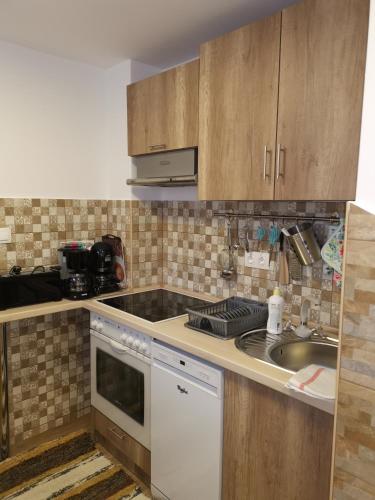 a kitchen with a sink and a stove top oven at Gál Apartmanház in Harkány