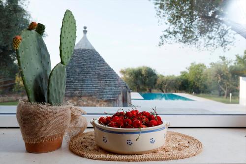 a bowl of cherries sitting on a table next to a cactus at Residenza Lippolis in Castellana Grotte
