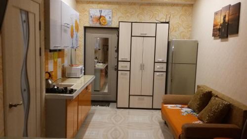 ソチにあるApartment on Krymskaya 69の小さなキッチン(ソファ、冷蔵庫付)