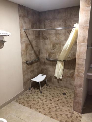 a shower with a bench in a bathroom at Budget Inn - New Albany in New Albany