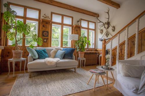 a living room with a couch and some windows at Hübsches Privatzimmer mit Bad in Perchtoldsdorf