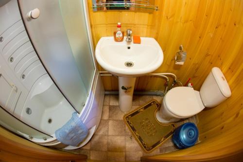 W łazience znajduje się umywalka, prysznic i toaleta. w obiekcie Hotel Dauria w mieście Listwianka