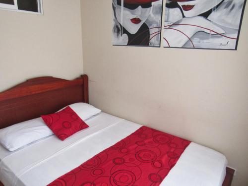 a bed with a red pillow and a painting on the wall at Hosteria B y B in Tonsupa