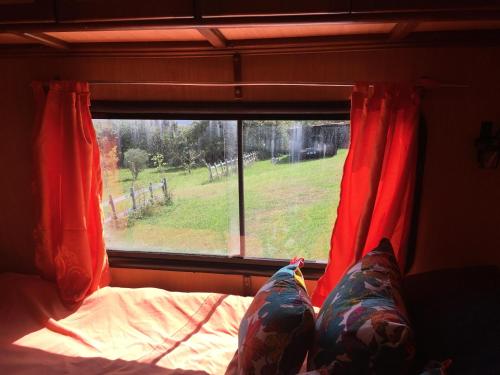 a bedroom with a window with red curtains and a bed at LA MESETA DE TOMINE CAMPER in Sesquilé