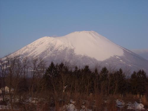 a snow covered mountain with trees in front of it at Mizubasho in Takizawa