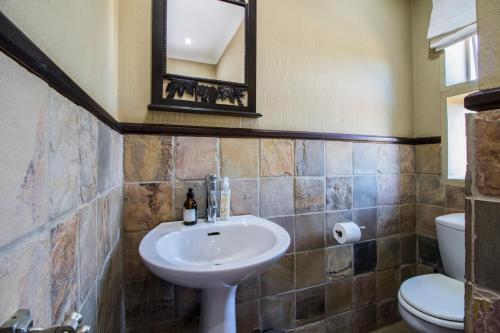 a bathroom with a sink and a toilet and a mirror at Craigivar Guesthouse in Pretoria