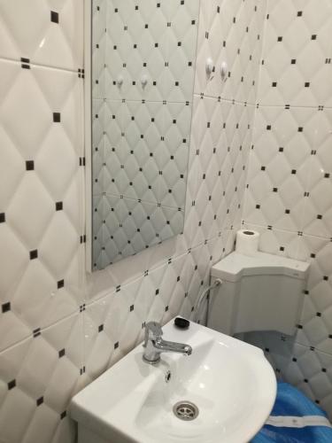 a bathroom with a sink and a mirror and a toilet at Yraida's house Constanta in Constanţa
