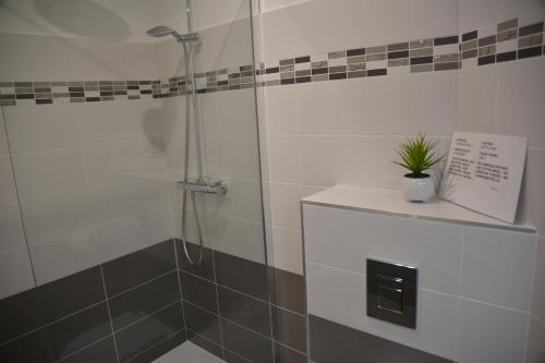a shower with a glass door in a bathroom at la maison du saussoy in Saint-Augustin