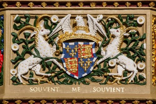 a crest with two white horses on a wall at Christ's College Cambridge in Cambridge