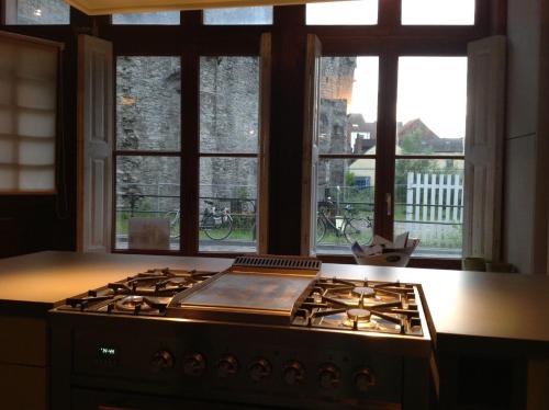 a stove top oven in a kitchen with windows at Geldmunt Apartment in Ghent