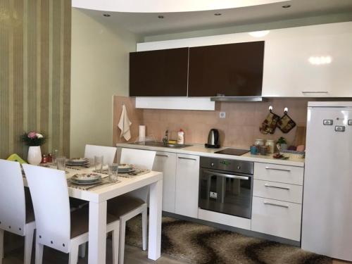 eine Küche mit Tisch, Herd und Kühlschrank in der Unterkunft Apartman Sofia in Vrnjačka Banja