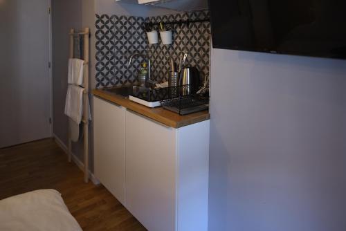 a kitchen with a white counter and a sink at MAGIC GARDEN ZAGREB CENTER in Zagreb