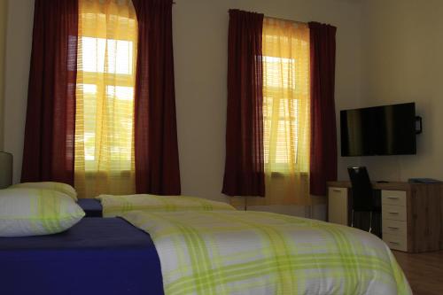 a bedroom with a bed and two windows and a television at Apartment Fonhauser in Amstetten