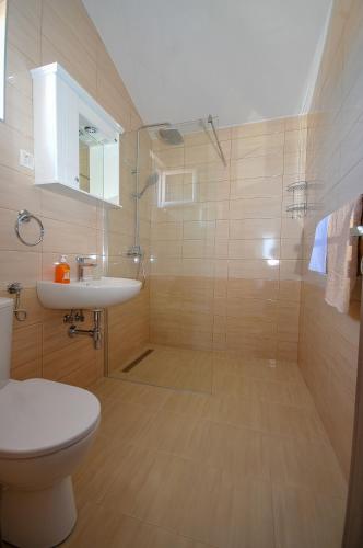 ein Badezimmer mit Dusche, Toilette und Waschbecken in der Unterkunft Apartmani Vitic in Bar