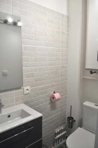 a bathroom with a sink and a toilet and a mirror at Ibanova Appartements in Collioure