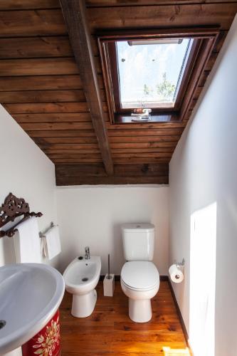 a bathroom with a toilet and a sink and a window at Chalet Pico das Pedras in Santana