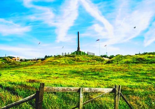 a field with a fence and kites in the sky at Haraldshaugen Camping in Haugesund