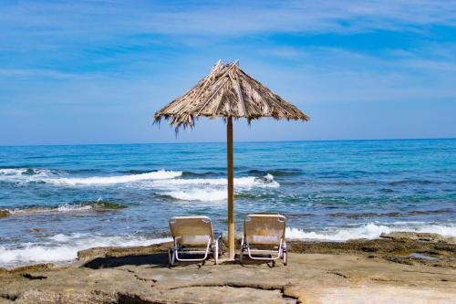 two chairs under an umbrella on the beach at Almirikia in Pigianos Kampos