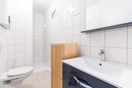La salle de bains est pourvue de toilettes et d'un lavabo. dans l'établissement Appartement Marie, à Strasbourg