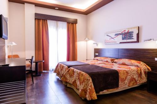 フォルトゥナにあるHospedium Hotel Los Periquitosのベッドとテレビが備わるホテルルームです。