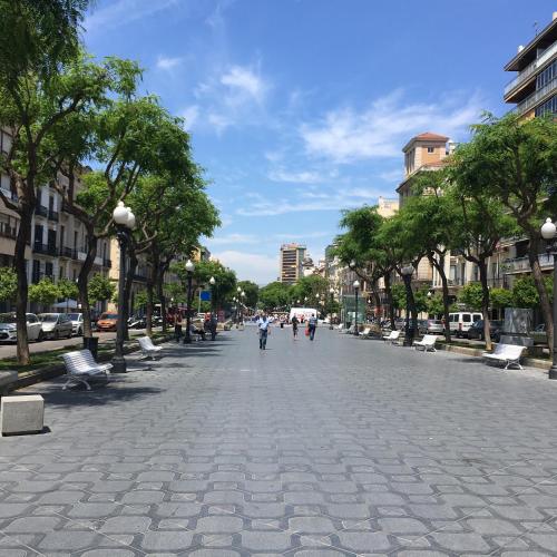 a cobblestone street in a city with trees at Apartaments Lauria in Tarragona