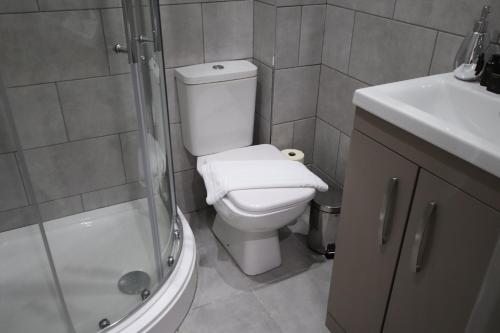 a bathroom with a toilet and a shower and a sink at Halifax House, Studio Apartment 215 in Halifax