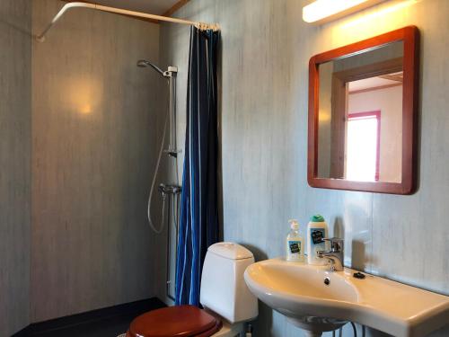 ein Badezimmer mit einem Waschbecken, einem WC und einem Spiegel in der Unterkunft Arran Nordkapp in Honningsvåg