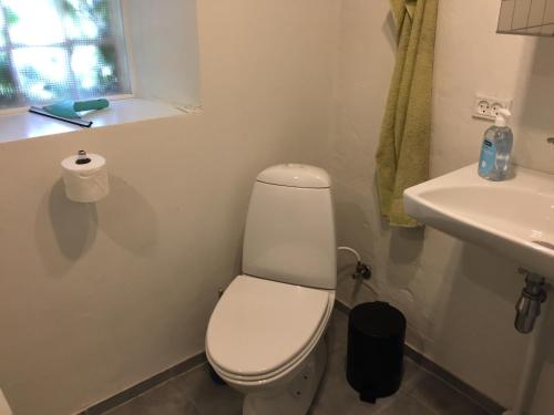 a white bathroom with a toilet and a sink at Anesminde in Give