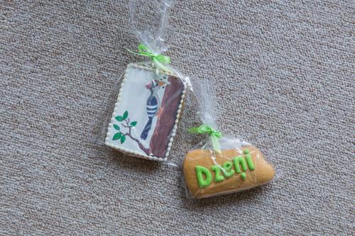two pieces of candy in plastic bags on the floor at Dzeņi in Amatciems