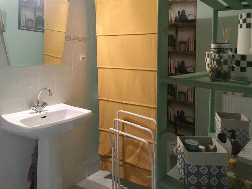 bagno con lavandino, specchio e scaffali di La Chambre des Buissonnats a Martailly-lès-Brancion