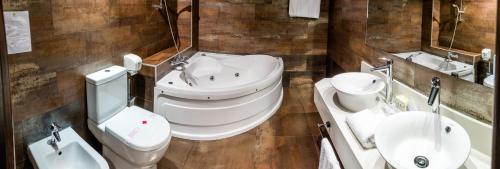 een badkamer met een wastafel, een toilet en een bad bij Hospedium Hotel Los Periquitos in Fortuna