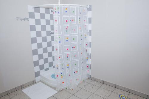 a bathroom with a shower with a white organizer at Dzeņi in Amatciems
