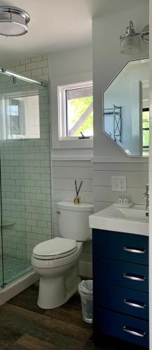 a bathroom with a toilet and a sink and a mirror at Harbor View Landing in Mystic