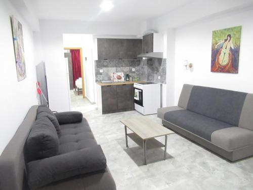 a living room with a couch and a table at Artistic Rent Rooms & Apartments in Nea Kalikratia