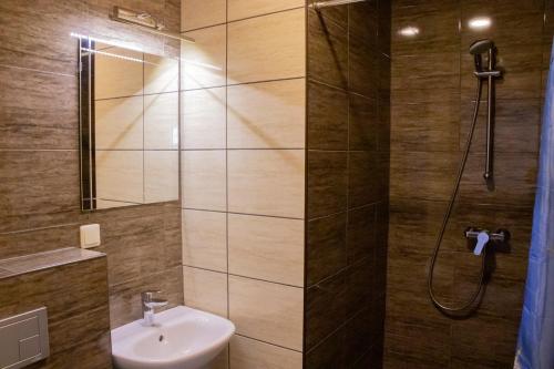 y baño con ducha y lavamanos. en Kaimo turizmo sodyba "Ąžuola" en Vainutas