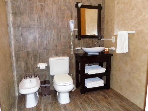 y baño con aseo, lavabo y espejo. en Cabañas Albapampa en Santa Teresita