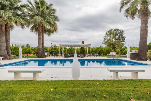 a swimming pool with two benches and palm trees at Alquería Calatrava B&B in Burriana