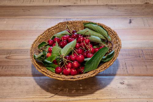 a basket filled with red berries on a wooden floor at Agr. Cascina Fabbrica in Fossano