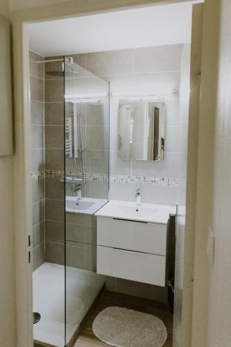 une salle de bain avec deux lavabos et une douche en verre dans l'établissement Appartement 4 personnes jardin et parking, à Vannes