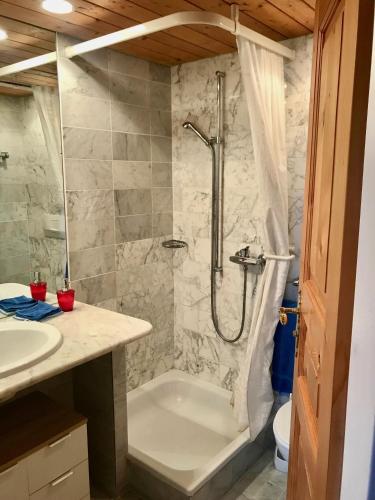 a bathroom with a shower and a tub and a sink at Lovely Studio Bristol with swimming-pool Villars in Villars-sur-Ollon
