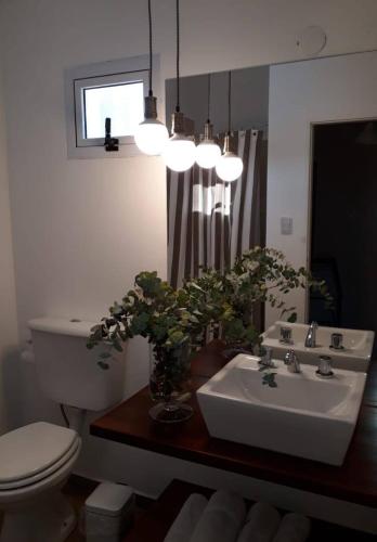 a bathroom with a sink and a toilet and a mirror at Las Toscas Apart in Curuzú Cuatiá