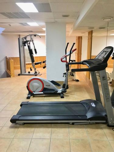 a gym with two exercise bikes and a treadmill at Lovely Studio Bristol with swimming-pool Villars in Villars-sur-Ollon