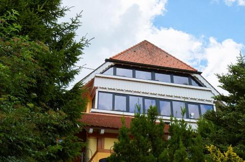 un grand bâtiment avec des fenêtres au-dessus dans l'établissement Villa Grenzenlos, à Löffingen
