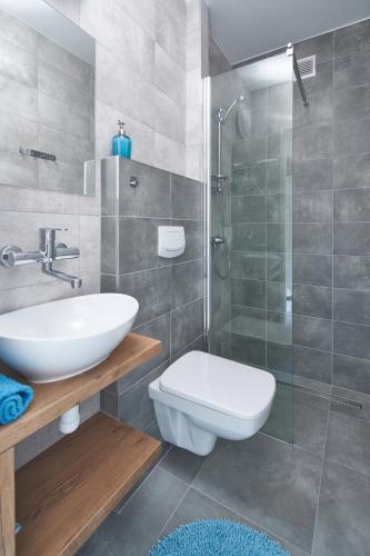 a bathroom with a toilet and a sink and a shower at Dworek Karwia u Ewy Wiosenna 10 in Karwia