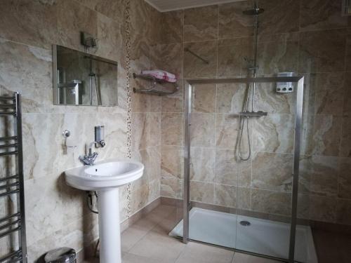 a bathroom with a sink and a shower at Hunters Lodge B&B in Waterford