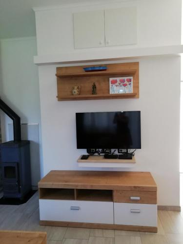 a living room with a tv on a white wall at Apartments Hana in Goveđari