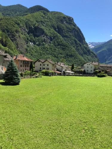 a green field with houses and mountains in the background at Cà Maria in Bignasco